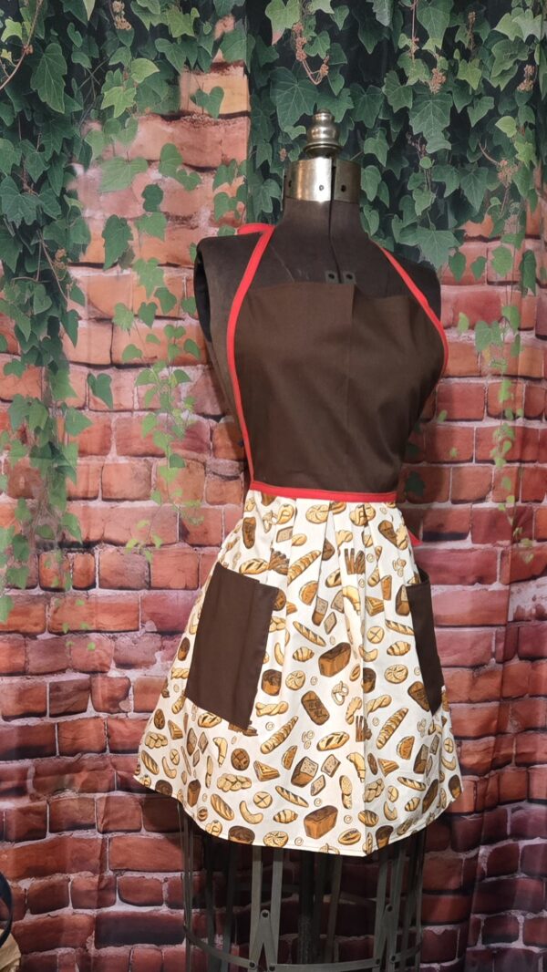 Kitchen Aprons Kids 6-12 yrs: Brown top, Bread Print skirt, 2 pockets - Image 2