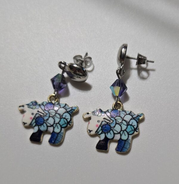 Earrings: Studs: Farm Animals & Fiber Arts: Blue Sheep with Blue Crystals
