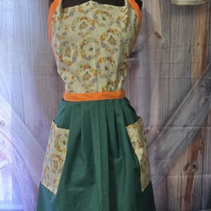 Kitchen Apron Full: Floral Garden: Bees and their Hives top with Solid green skirt and two pockets