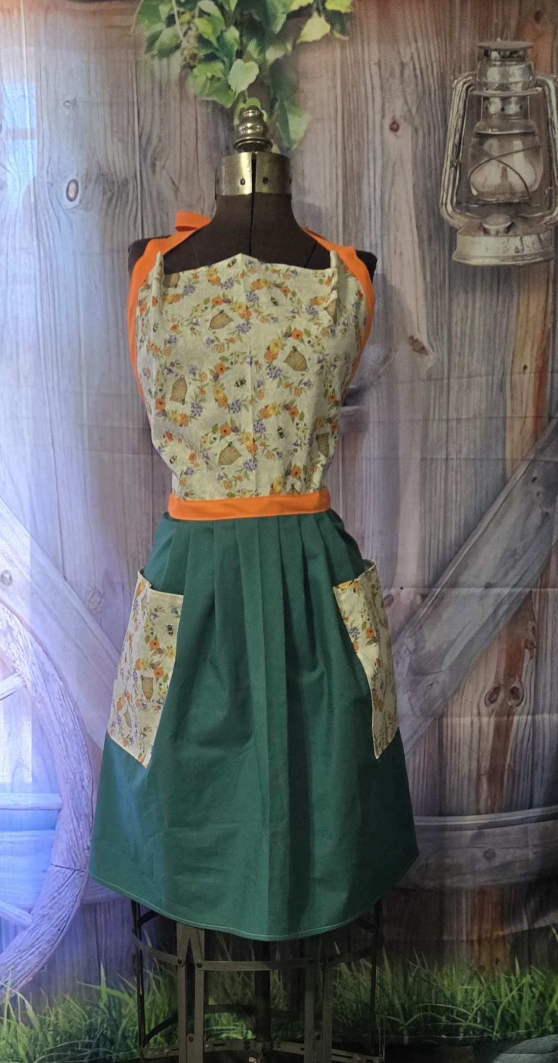 Kitchen Apron Full: Floral Garden: Bees and their Hives top with Solid green skirt and two pockets