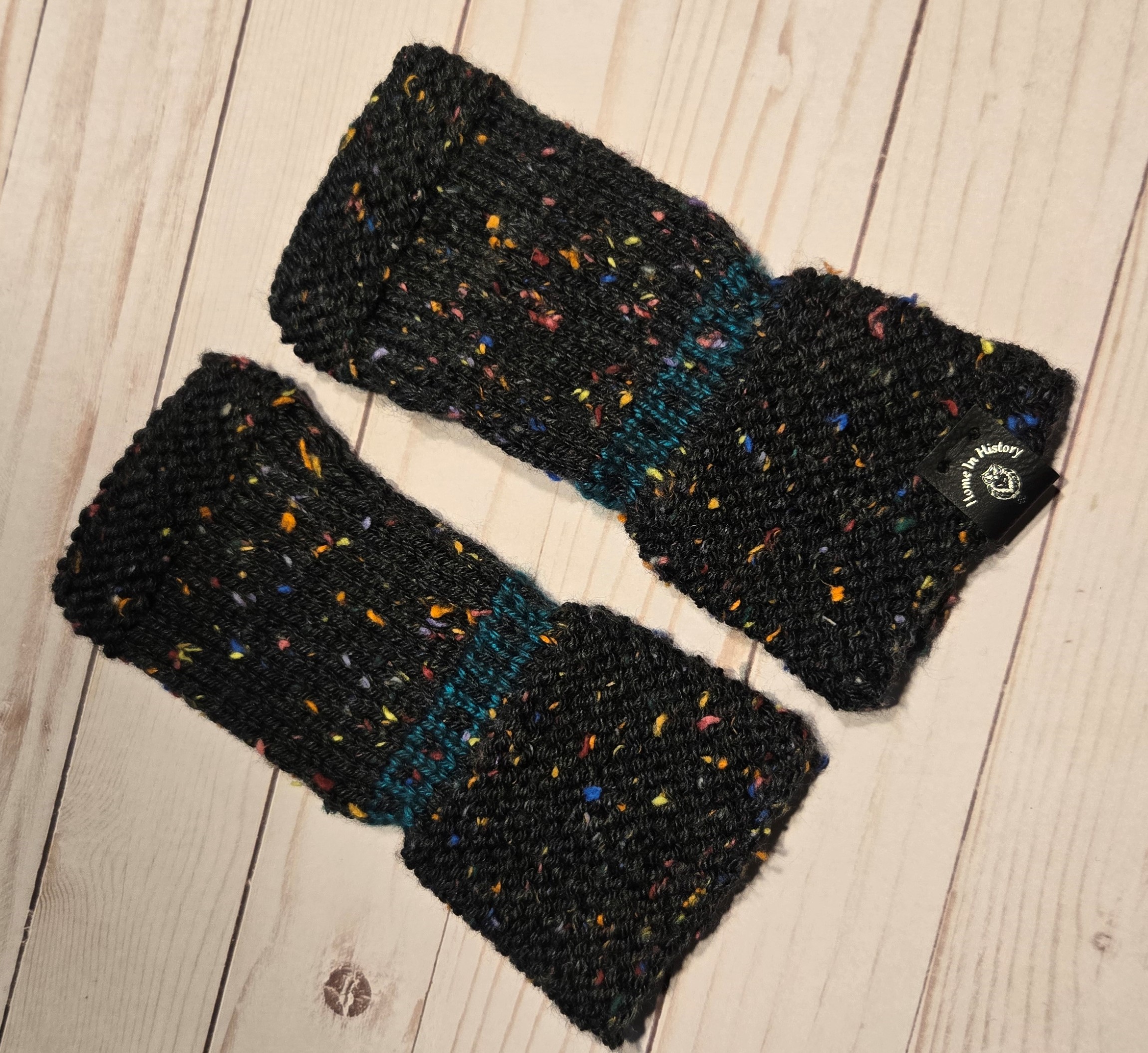Fingerless Mittens: Black with Teal band