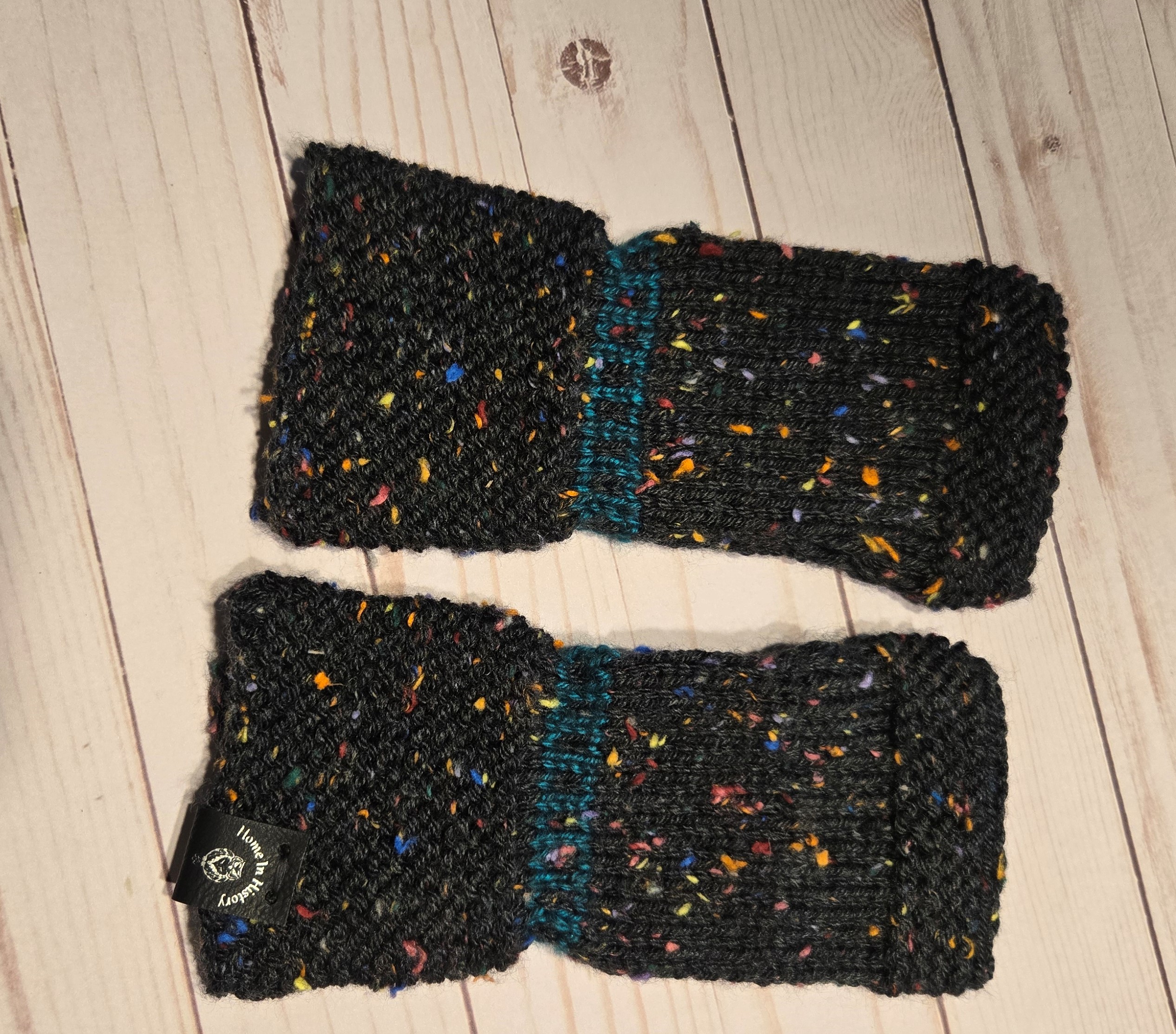 Fingerless Mittens: Black with Teal band - Image 2