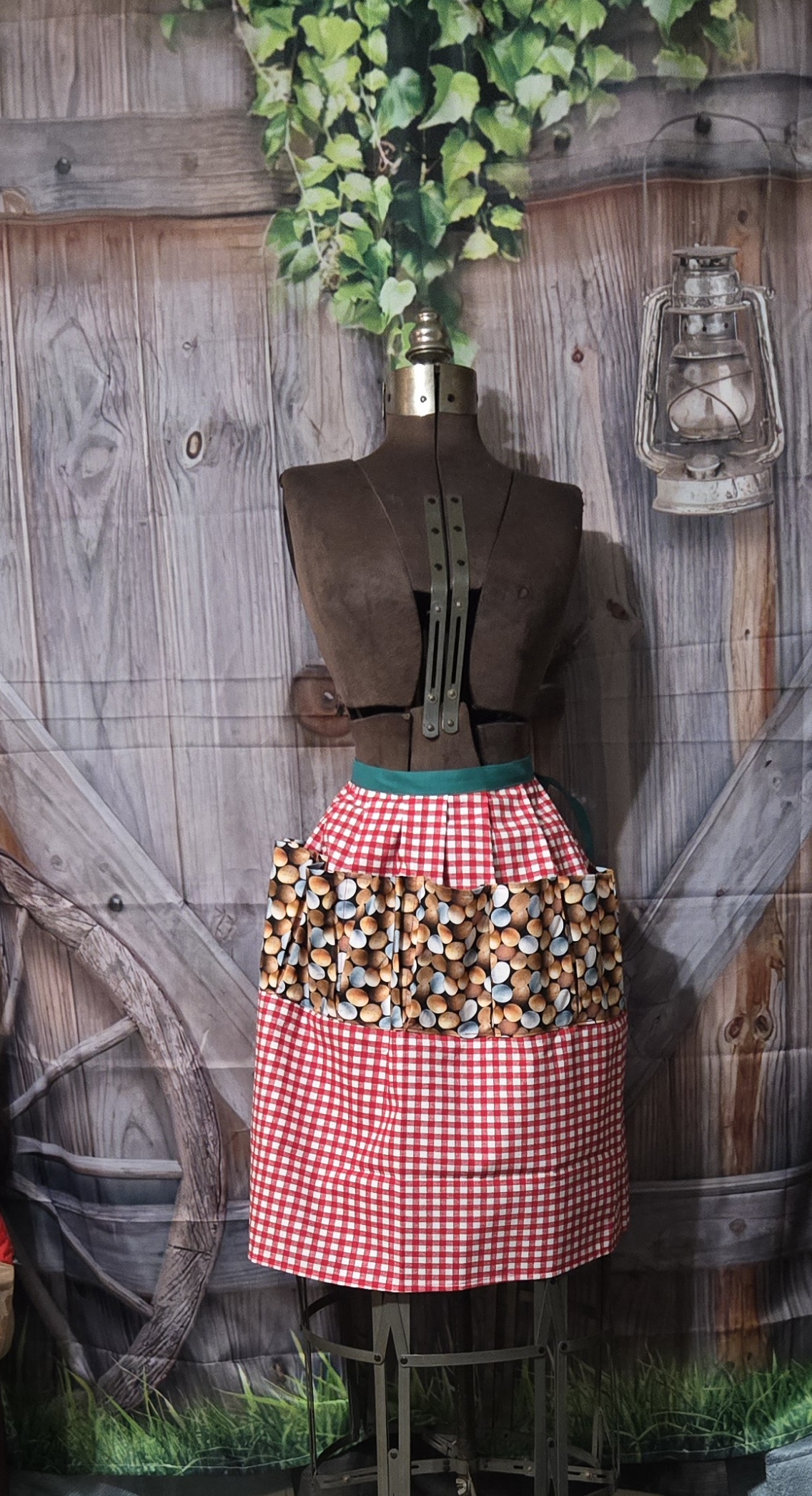 Egg Gathering Apron: Mixed Eggs on Red Check plaid with 8 pockets