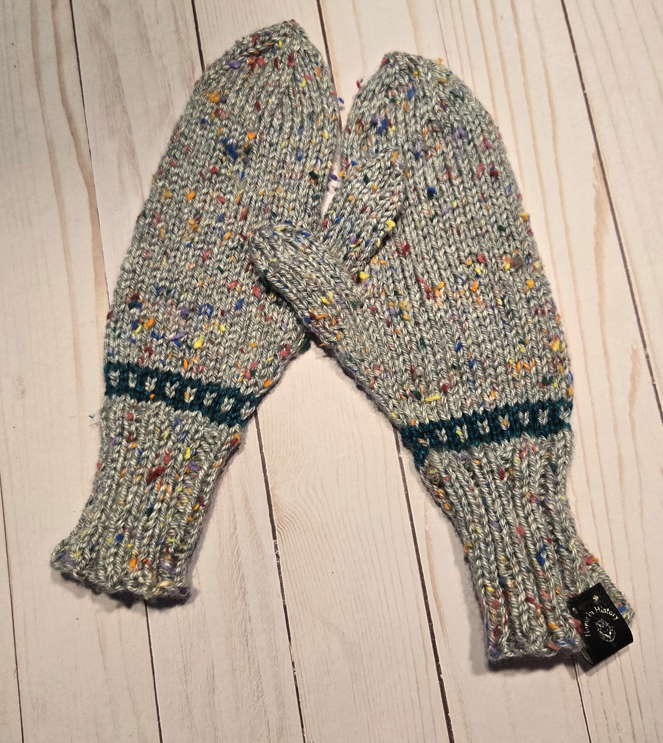 Mittens: Grandma's Ribbed Grey Tweed with Blue wrist band; size Small to Medium