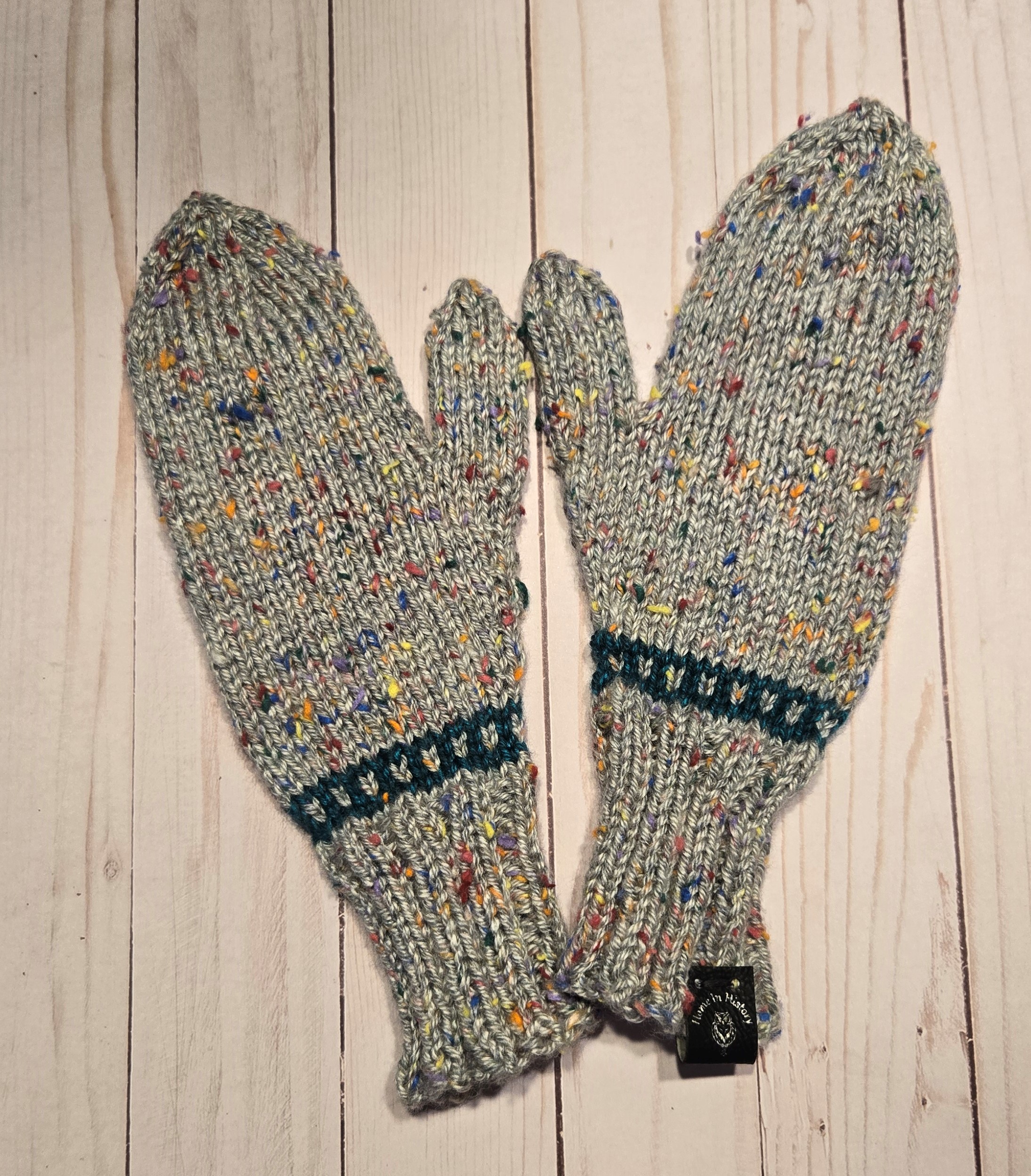 Mittens: Grandma's Ribbed Grey Tweed with Blue wrist band; size Small to Medium - Image 2
