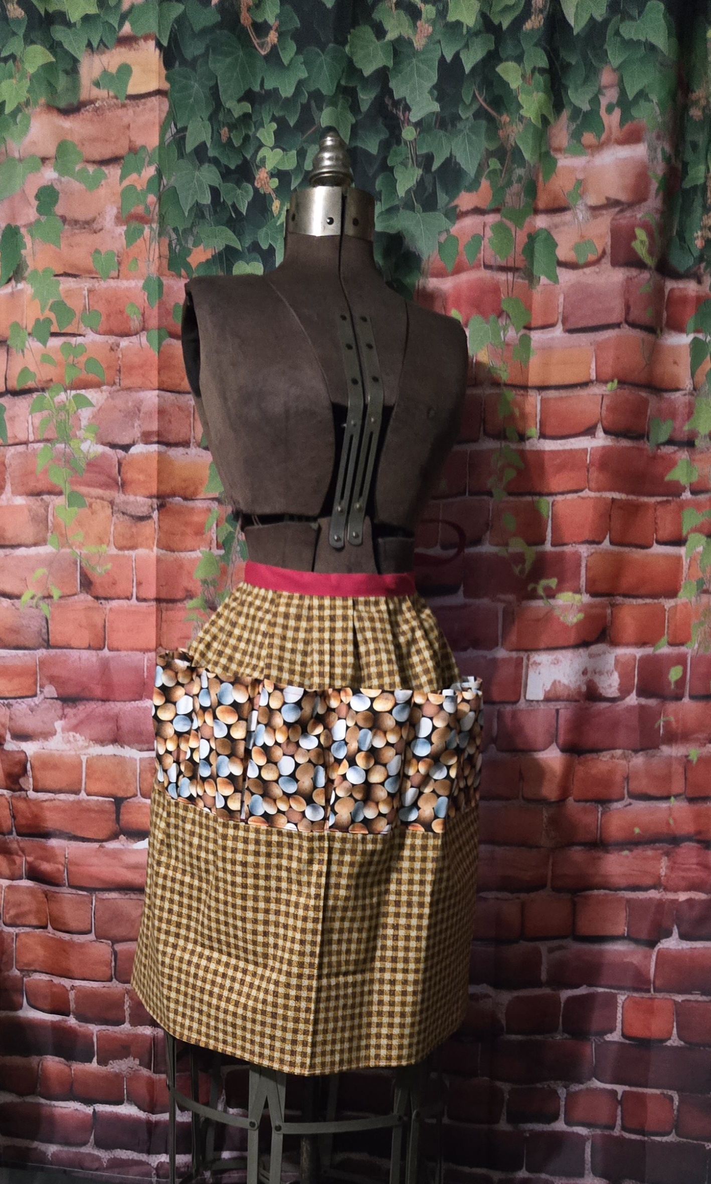 Egg Gathering Apron: Mixed Eggs on Brown plaid with 8 pockets