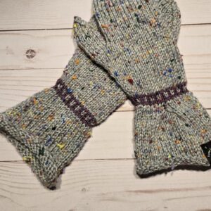 Mittens: Pleated Grey Tweed with Purple Wrist Band