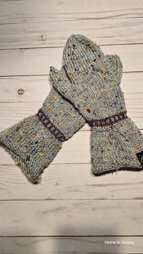 Mittens: Pleated Grey Tweed with Purple Wrist Band