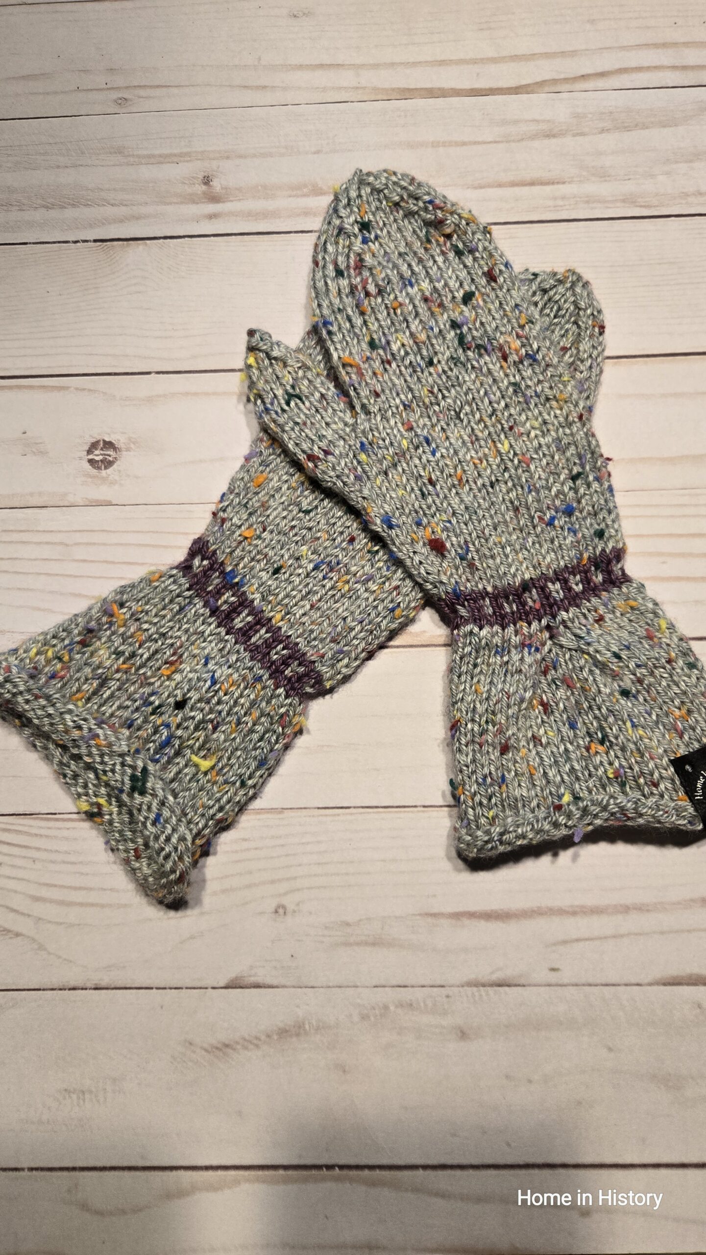 Mittens: Pleated Grey Tweed with Purple Wrist Band