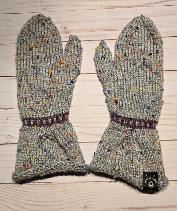 Mittens: Pleated Grey Tweed with Purple Wrist Band - Image 2