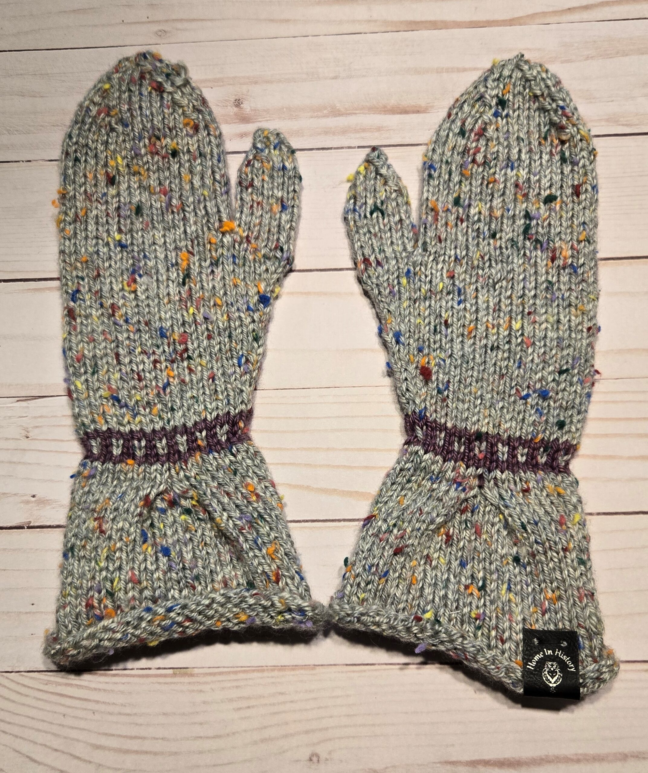 Mittens: Pleated Grey Tweed with Purple Wrist Band - Image 2