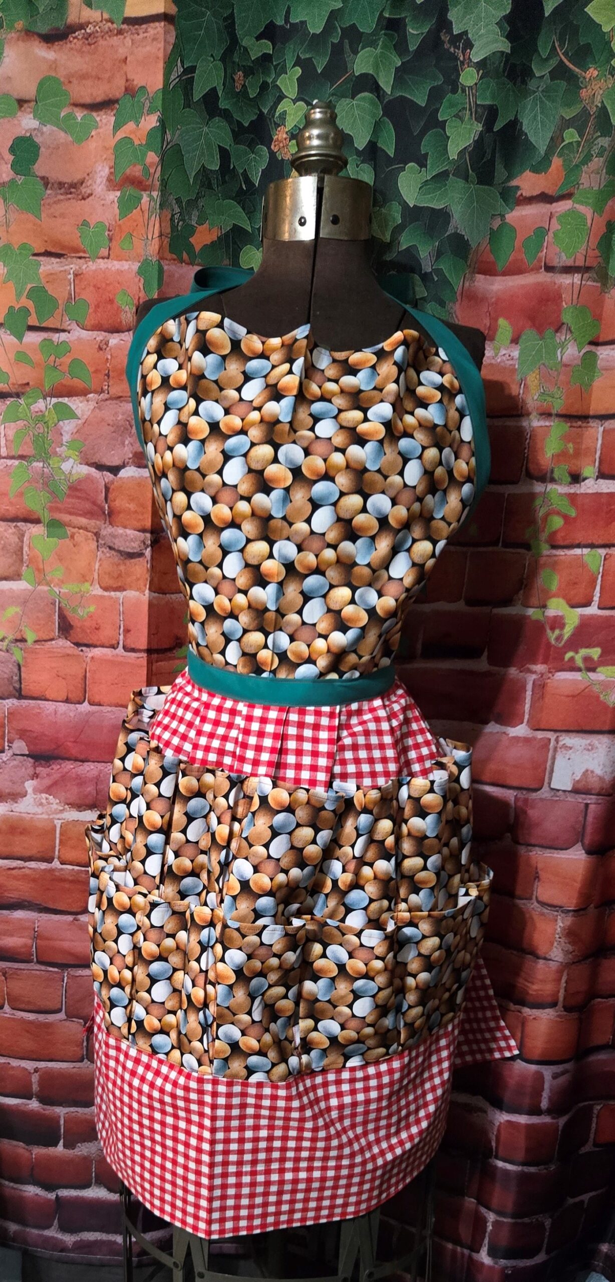 Egg Gathering Apron: Mixed Eggs on Red Check plaid with 16 pockets and top