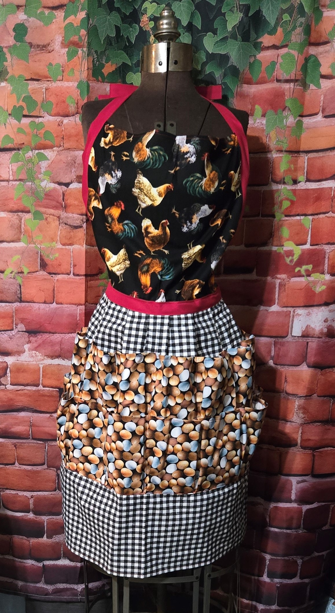 Egg Gathering Apron: Mixed Eggs on Black plaid with 16 pockets and Chicken Print top