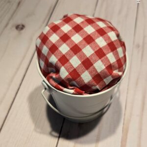 Pincushions: White metal with red gingham