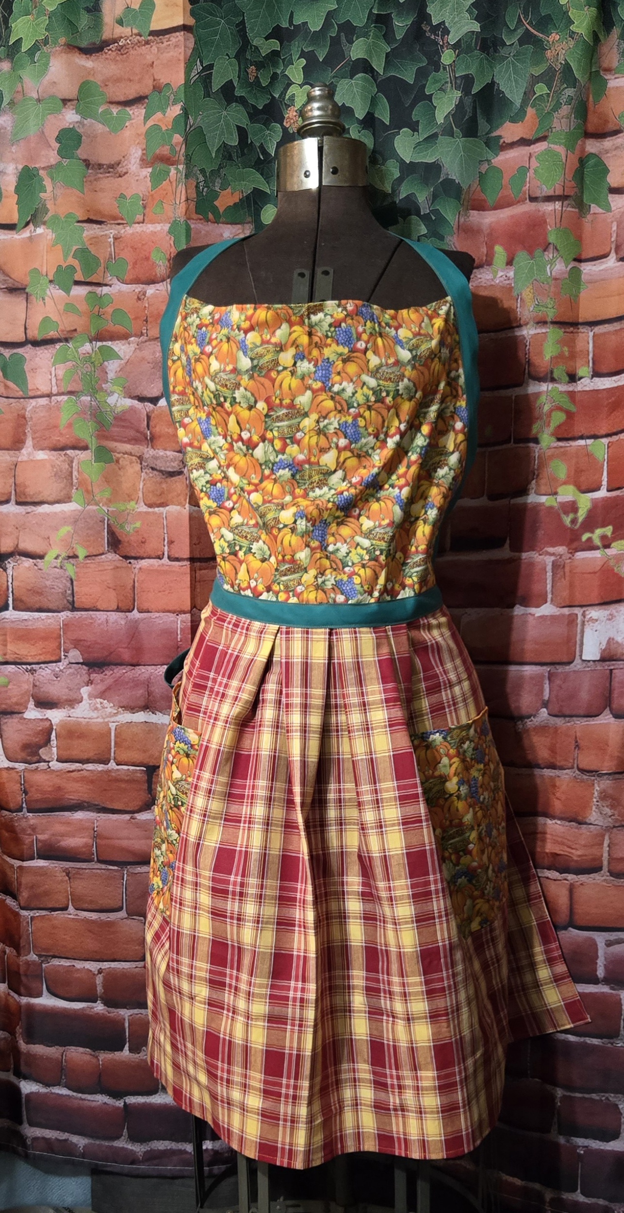 Kitchen Apron Full: Fall: Fall Harvest top with Plaid homespun skirt and two pockets