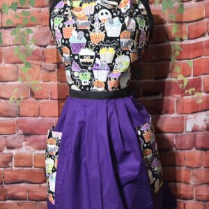 Kitchen Apron Full: Halloween: Scary Cupcakes top with Purple skirt and two pockets