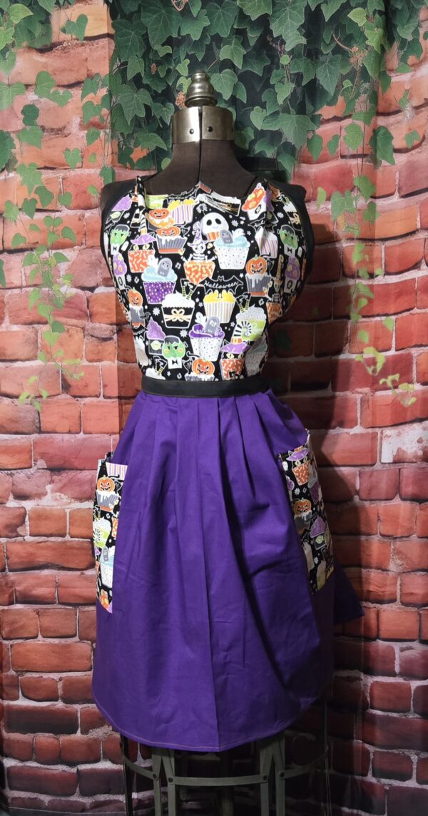 Kitchen Apron Full: Halloween: Scary Cupcakes top with Purple skirt and two pockets