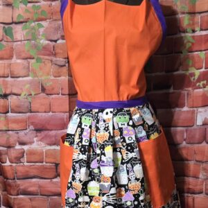 Kitchen Apron Full: Halloween: Orange top with Scary Cupcakes skirt and two pockets