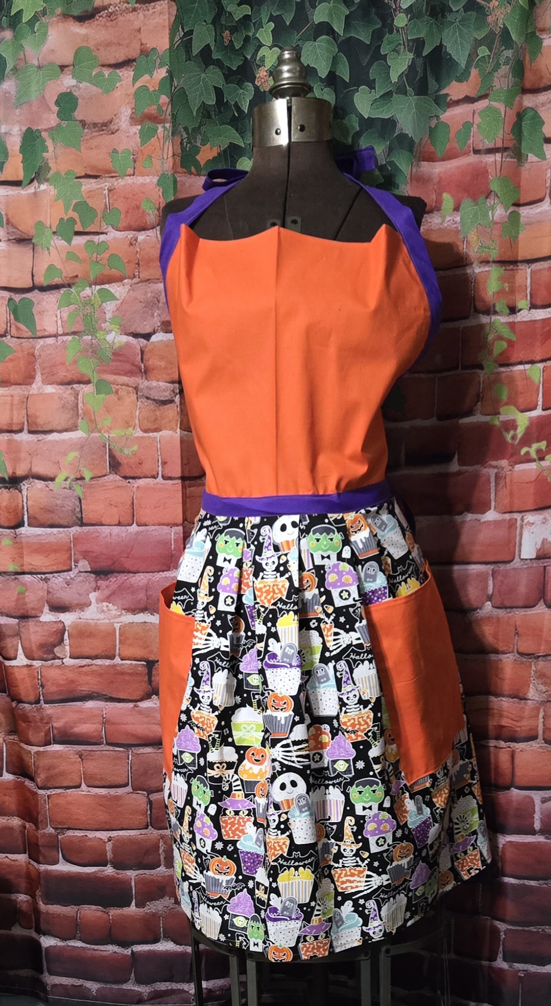 Kitchen Apron Full: Halloween: Orange top with Scary Cupcakes skirt and two pockets