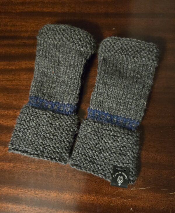 Fingerless Mittens: Grey with Blue band