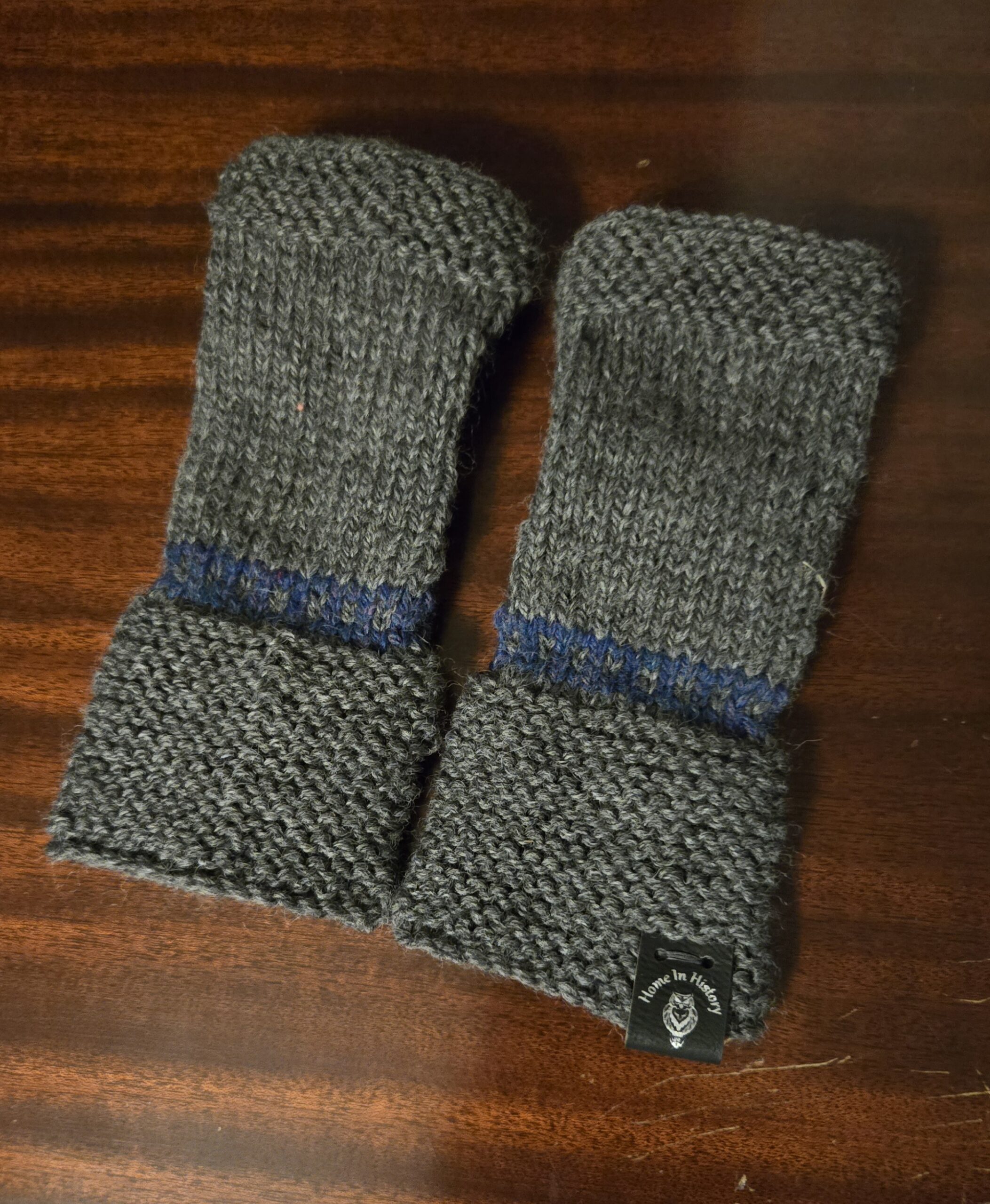 Fingerless Mittens: Grey with Blue band