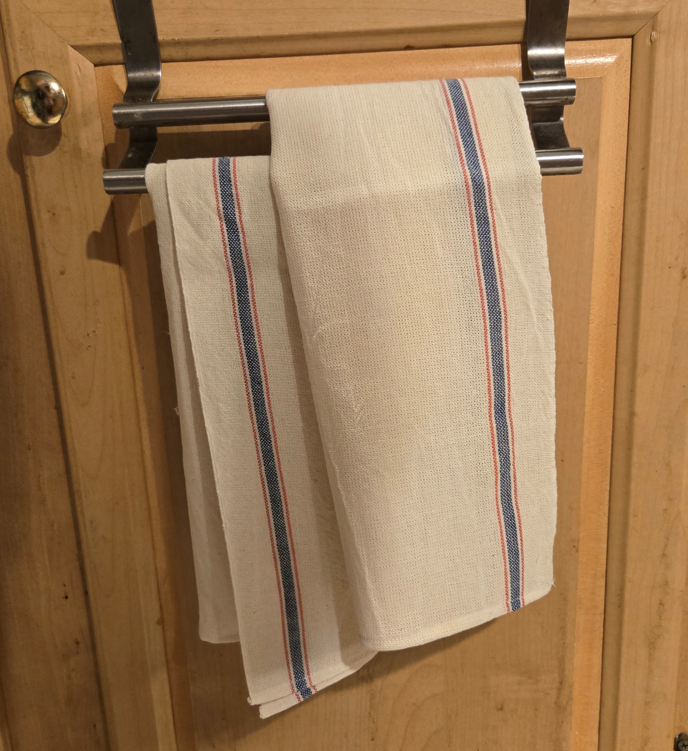 Flour Towels: Cotton Towels woven at the Lowell Mills; Set of two: Blue and Red Band