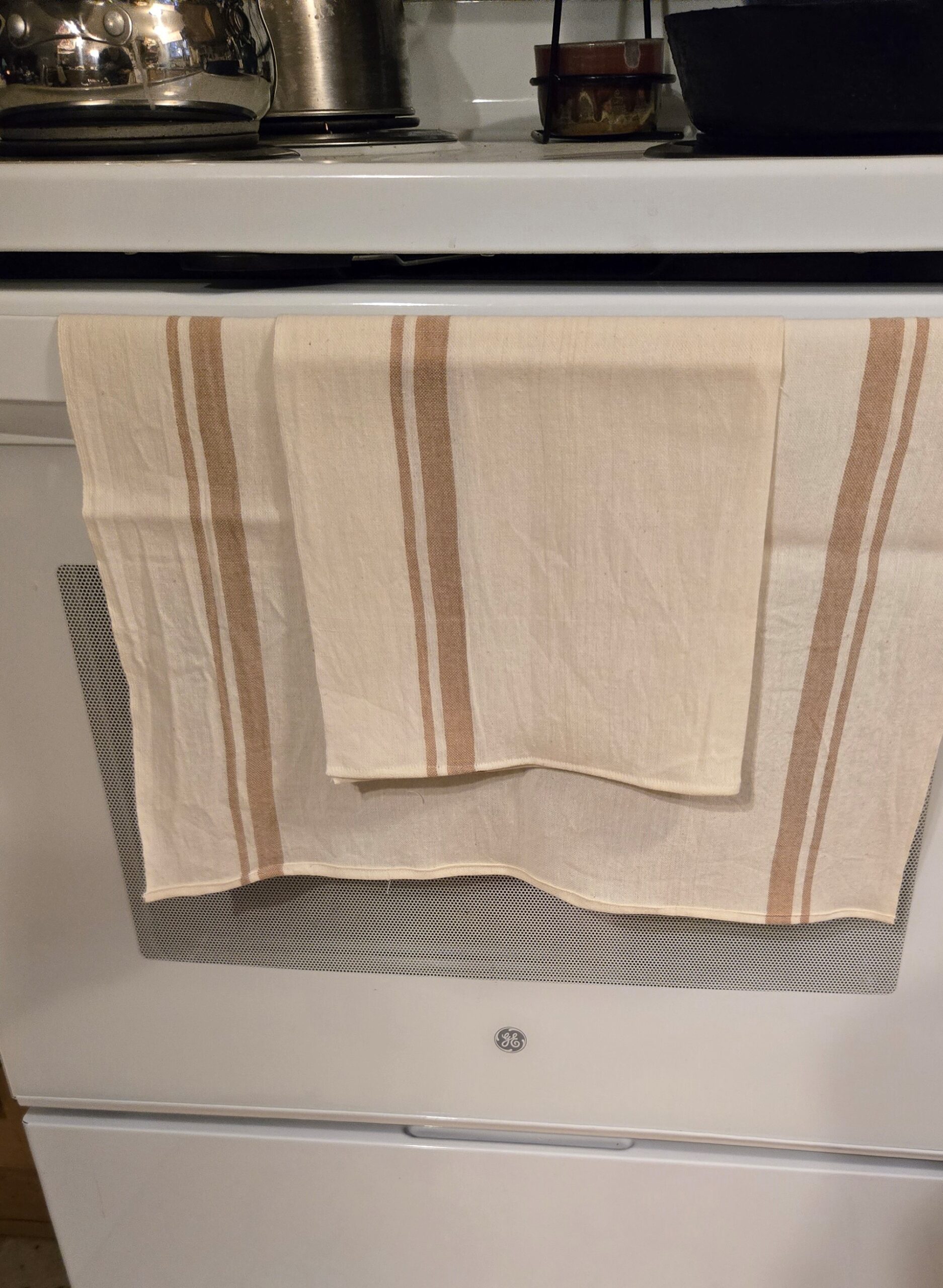 Flour Towels: Cotton Towels woven at the Lowell Mills; Set of two: Brown Band