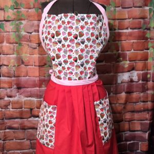 Kitchen Apron Full: Valentines: Chocolate Covered Strawberries print top with Red skirt and two pockets