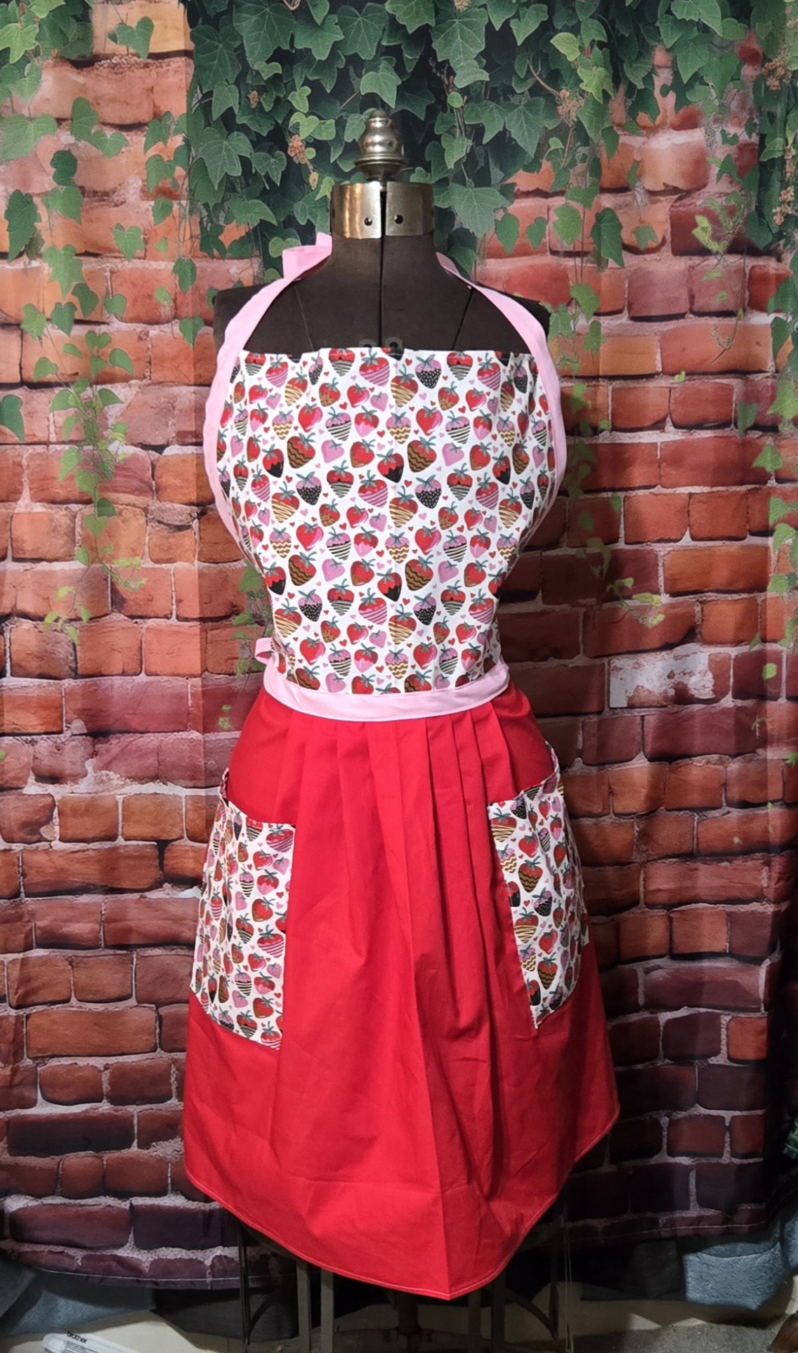 Kitchen Apron Full: Valentines: Chocolate Covered Strawberries print top with Red skirt and two pockets