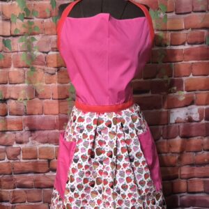 Kitchen Apron Full: Valentines: Pink top with chocolate covered strawberries print skirt and two pockets