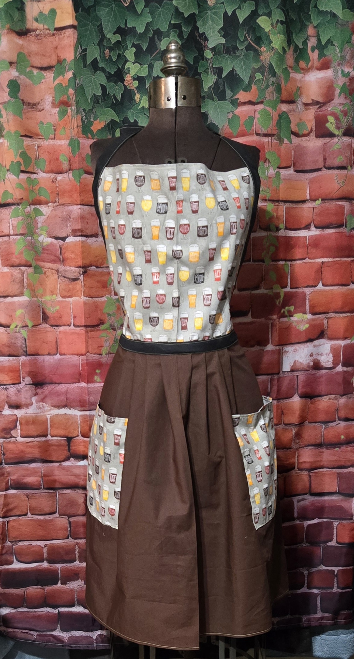 Kitchen Apron Full: Have a Drink: Beer Glass Print top with Brown skirt and two pockets