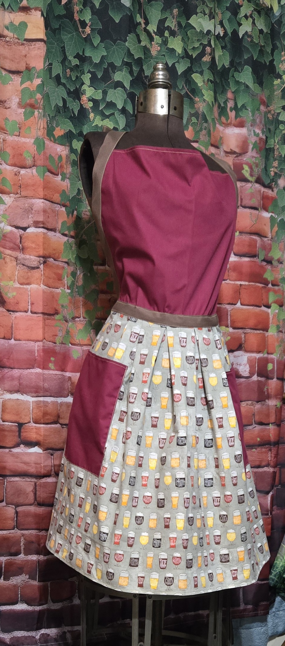 Kitchen Apron Full: Have a Drink: Red top with Beer glasses print skirt and two pockets - Image 2