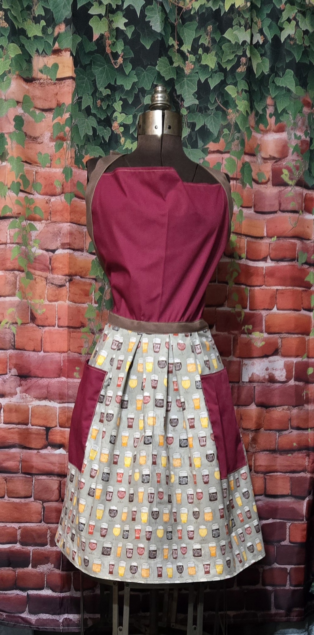 Kitchen Apron Full: Have a Drink: Red top with Beer glasses print skirt and two pockets