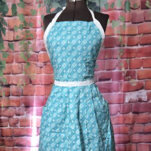 Kitchen Apron Full: In the Garden, Blue Periwinkle 2 pockets, Gathered skirt