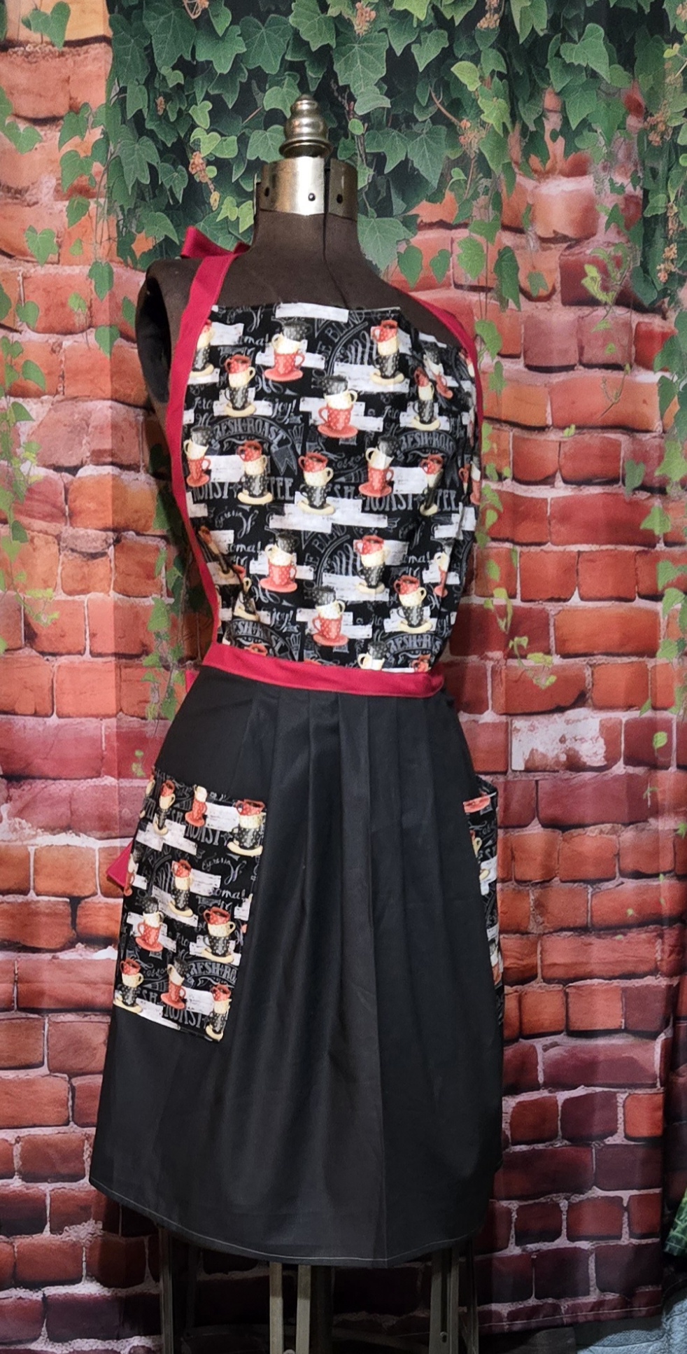 Kitchen Apron Full: Coffee Hour; Fresh Brew Top, Black skirt with 2 pockets - Image 2