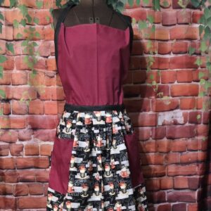 Kitchen Apron Full: Coffee Hour; Maroon Top, Print skirt with 2 pockets