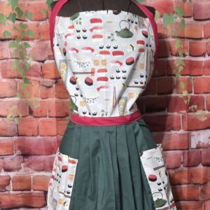 Kitchen Apron Full: Sushi; Print Top, Green skirt with 2 pockets