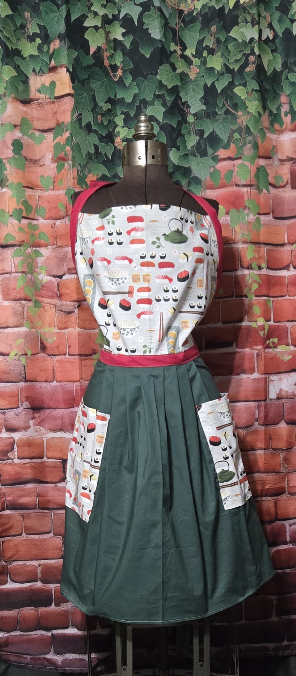 Kitchen Apron Full: Sushi; Print Top, Green skirt with 2 pockets