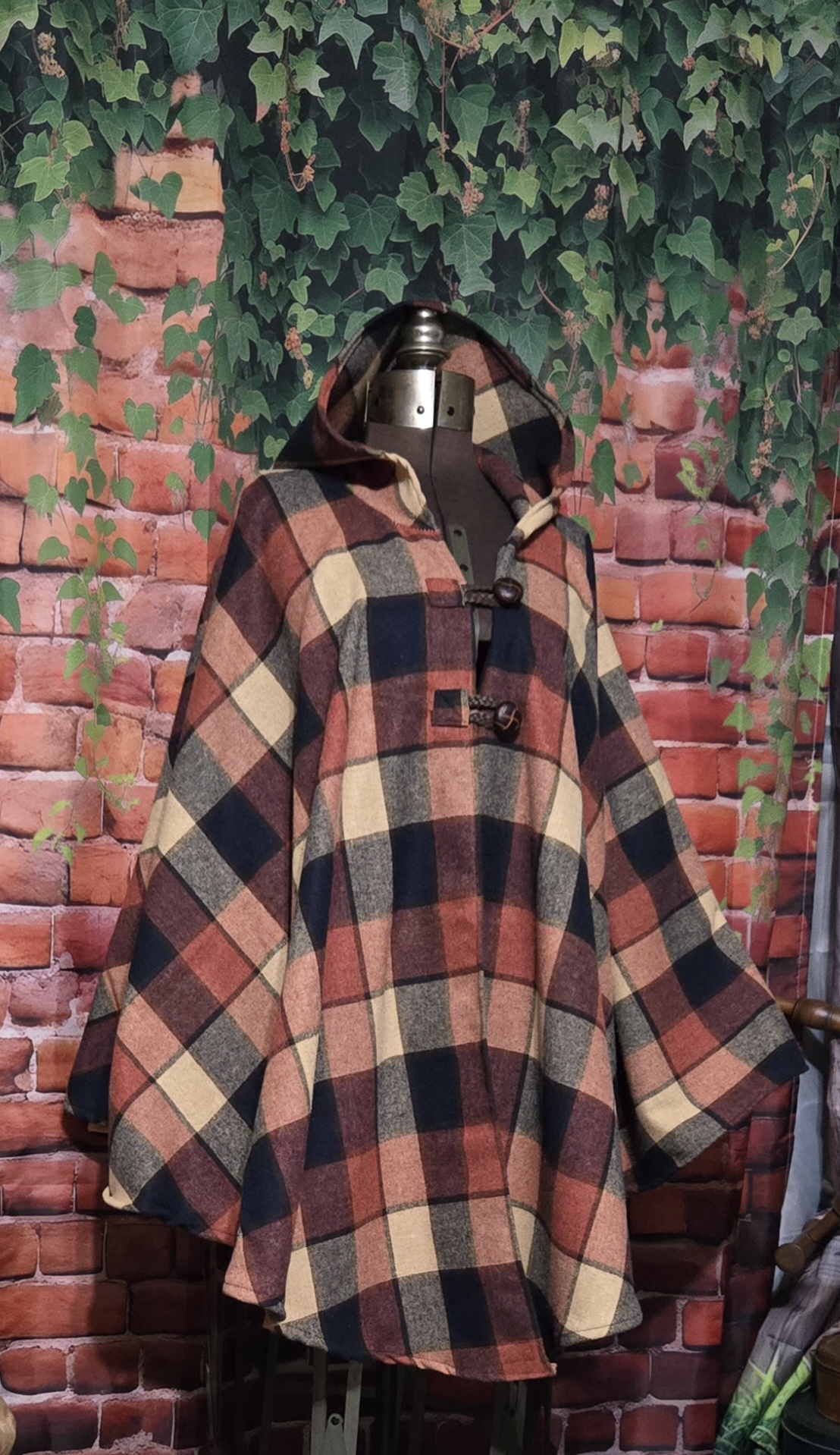 Wool Cloaks: Classic with a hood, Fall Plaid, orange, red and black - Image 2