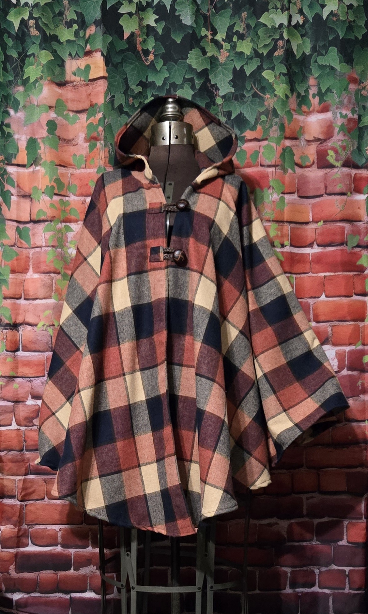 Wool Cloaks: Classic with a hood, Fall Plaid, orange, red and black