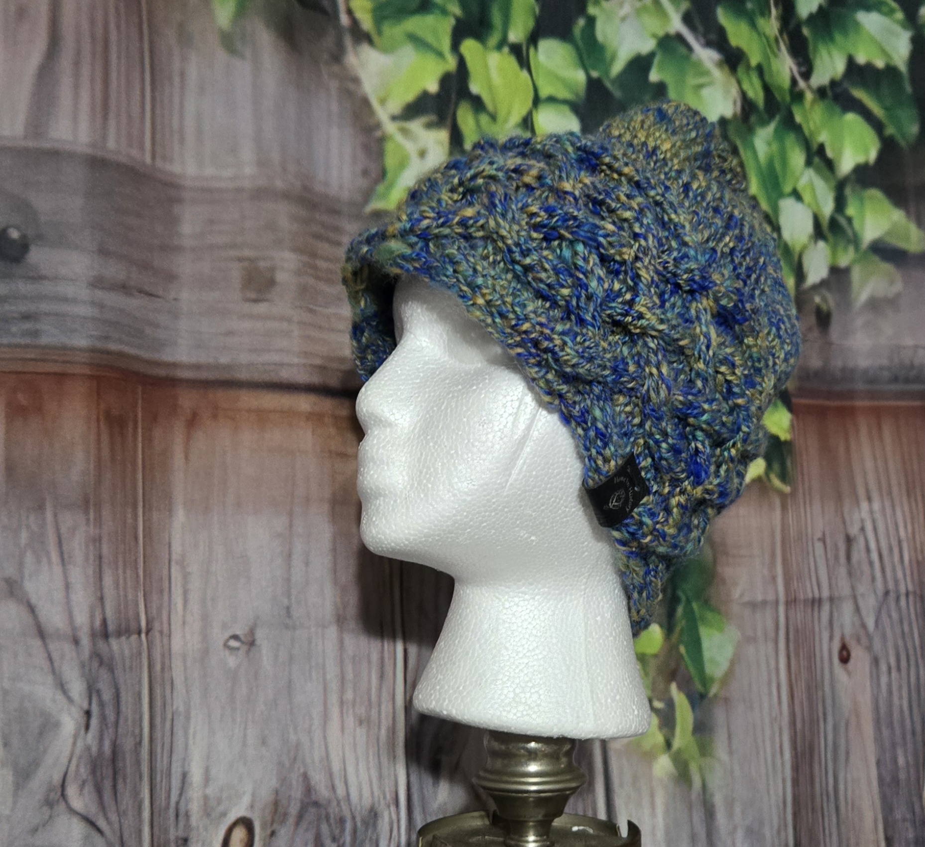 Hand Spun Wool Hats; Celtic Knit Crown: Blue and Gold - Image 2