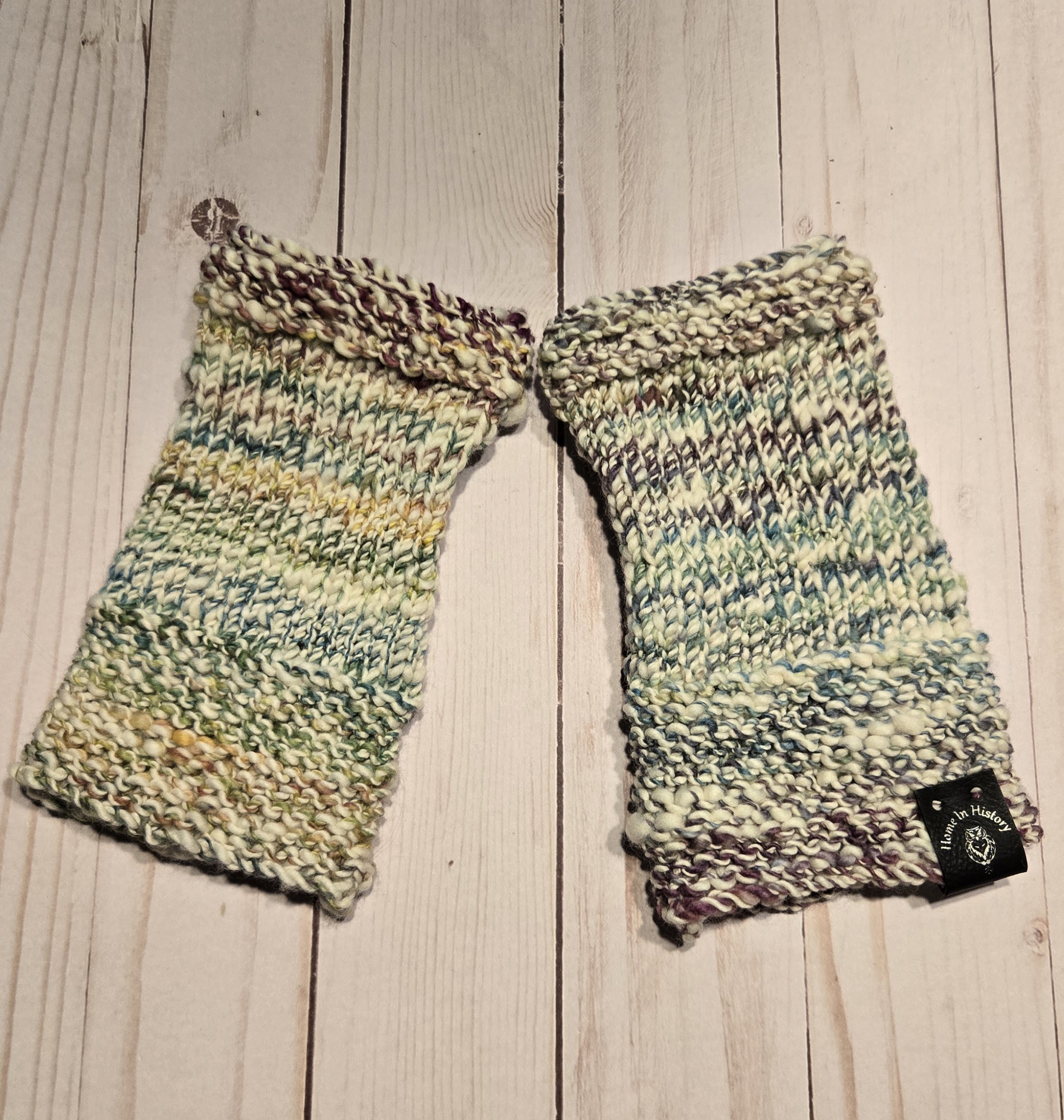 Hand Spun Wool Fingerless Mittens: Rainbow