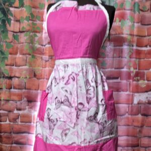 Kitchen Apron Full: In the Garden, Pink top, Butterfly skirt with 2 pockets