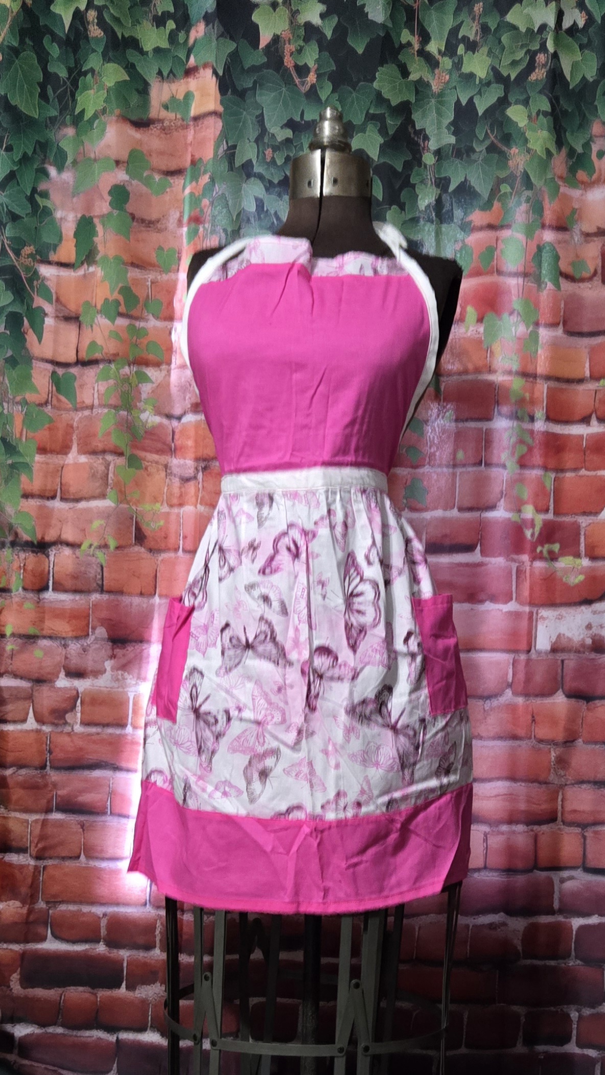 Kitchen Apron Full: In the Garden, Pink top, Butterfly skirt with 2 pockets