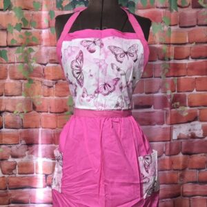 Kitchen Apron Full: In the Garden, Butterfly Print top, pink skirt with 2 pockets