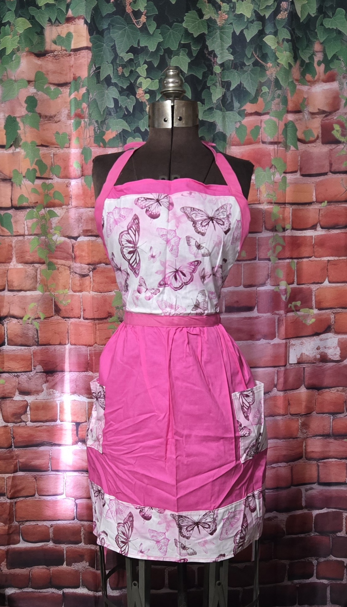 Kitchen Apron Full: In the Garden, Butterfly Print top, pink skirt with 2 pockets