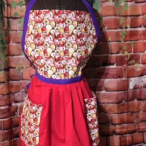 Kitchen Apron Full: Dessert A la Mode; Print Top, Red skirt with 2 pockets
