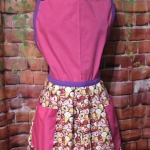 Kitchen Apron Full: Dessert A la Mode; Pink Top, Print skirt with 2 pockets