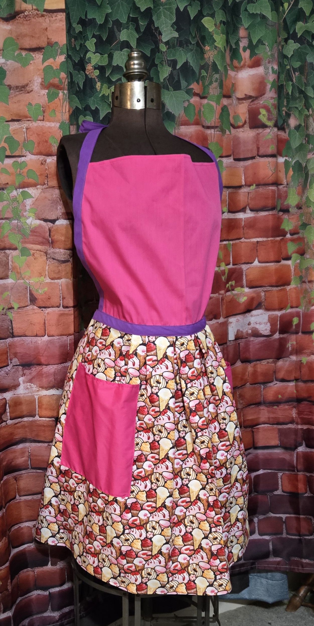 Kitchen Apron Full: Dessert A la Mode; Pink Top, Print skirt with 2 pockets - Image 2