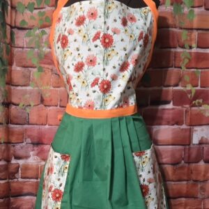 Kitchen Apron Full: Bees in Marigolds; Print Top, Green skirt with 2 pockets